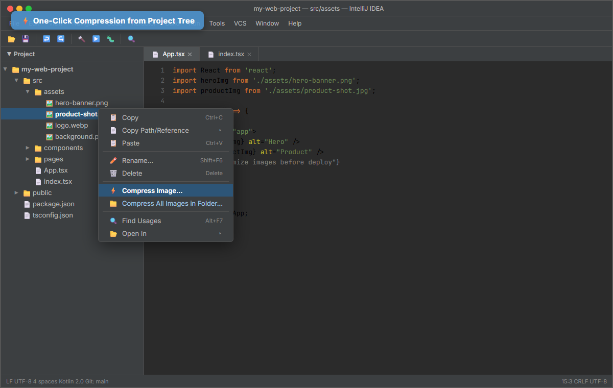 Right-click context menu showing Compress Image action in IntelliJ IDEA