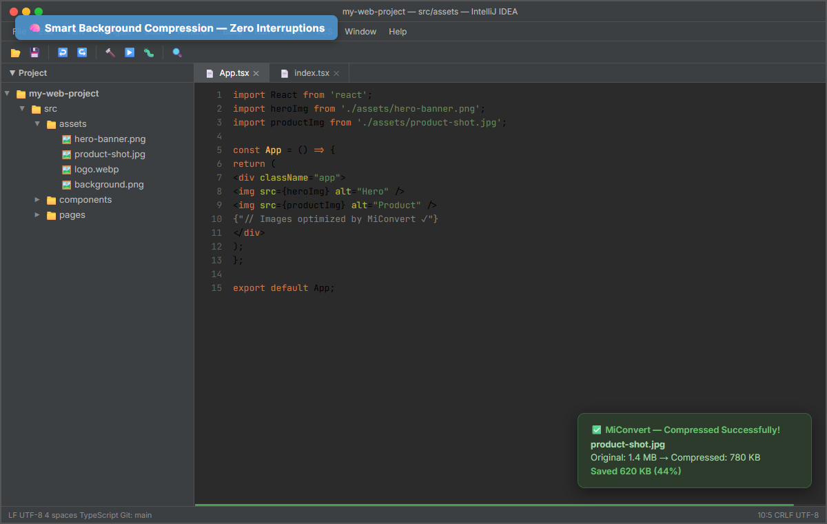 Background compression with success notification showing 44% savings