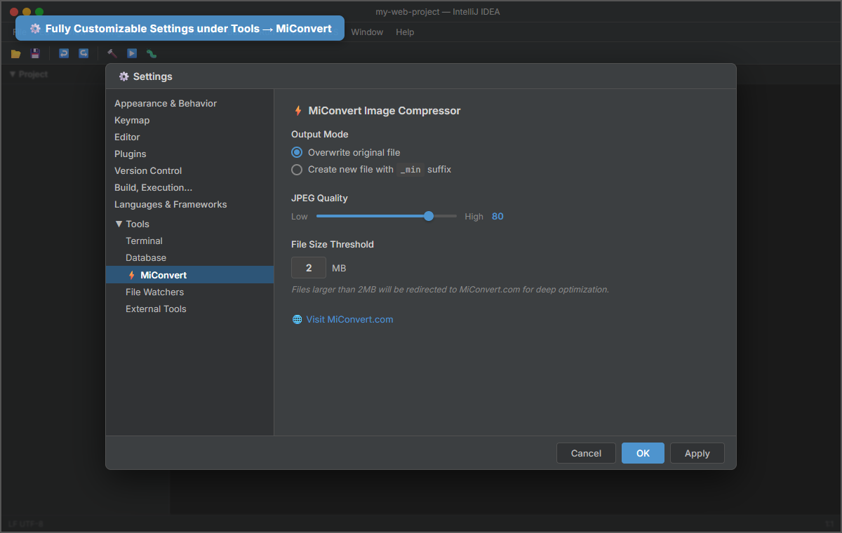 MiConvert settings page under Tools with output mode and JPEG quality controls